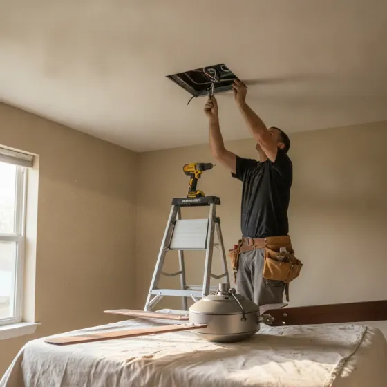 ceiling-fan-installation-support-brace-denton Electrician installing ceiling fan brace in Denton bedroom ceiling