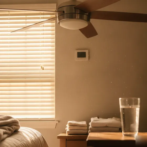ceiling-fan-summer-safety-denton-bedroom Ceiling fan running safely in Denton bedroom during hot summer day