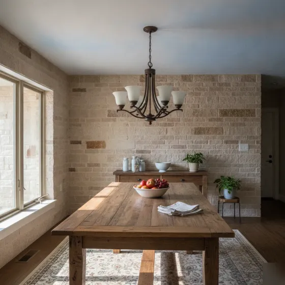 Finished chandelier installation hanging above dining table in Denton home