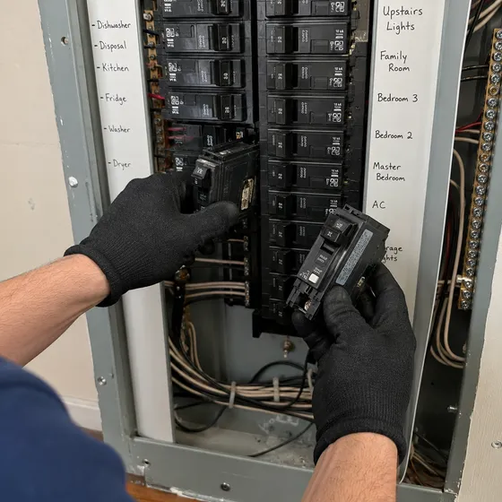 circuit-breaker-repair-denton Electrician replacing a circuit breaker in a labelled residential electrical panel in Denton