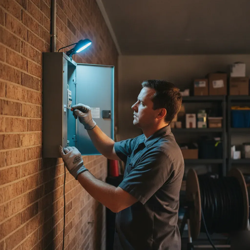 circuit-breaker-repair-panel-inspection-denton Electrician opening circuit breaker panel during repair visit in Denton home