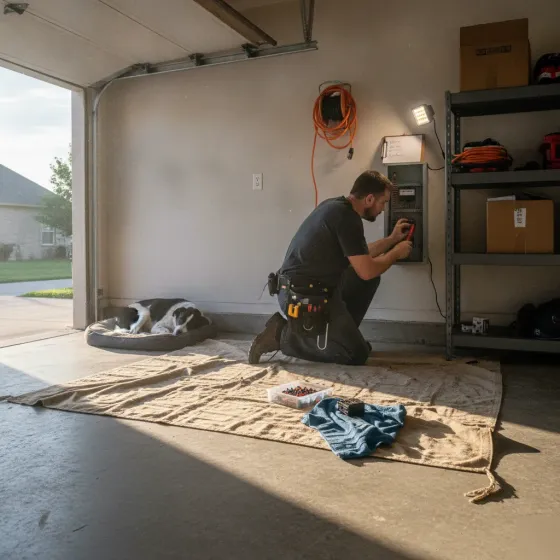 circuit-breaker-repair-visit-garage-denton Electrician performing circuit breaker repair inside Denton home garage panel