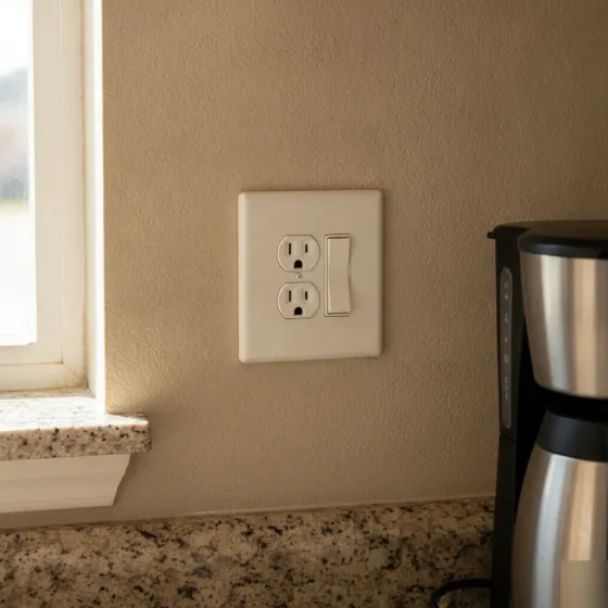Newly installed outlet and switch combo in Denton kitchen wall