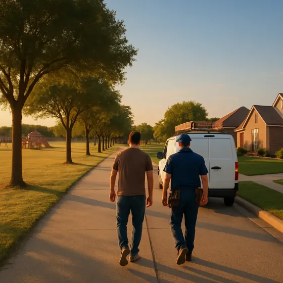 Electrician and homeowner near Corinth Community Park at golden hour