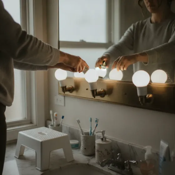 diy-bulb-replacement-bathroom-vanity-denton Homeowner replacing bulb in bathroom vanity light fixture in Denton