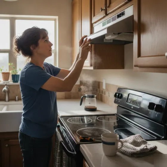 diy-kitchen-vent-fan-switch-denton Homeowner testing kitchen vent fan switch after simple DIY task Denton