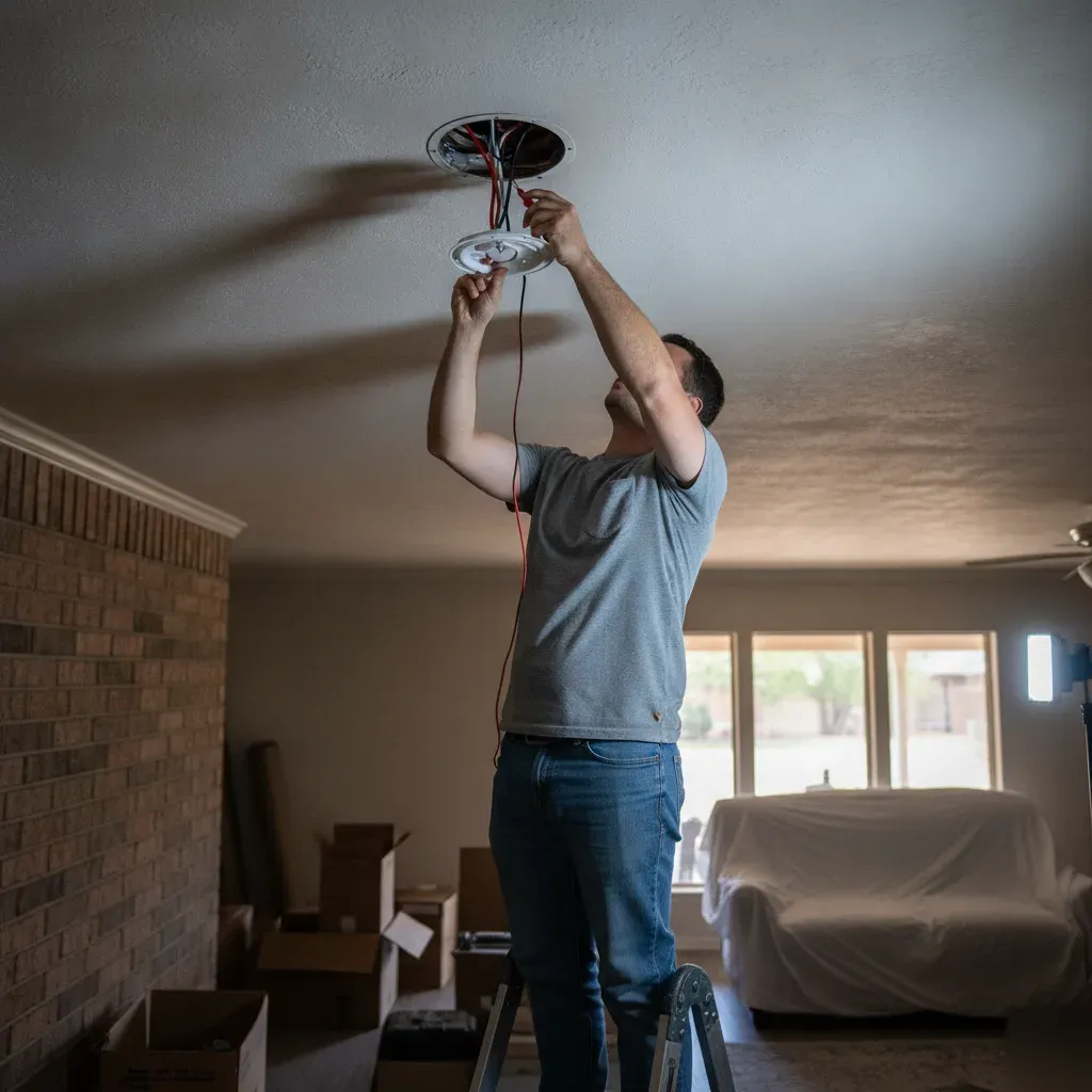 Electrician installing ceiling fan bracket in Denton home living room ceiling box