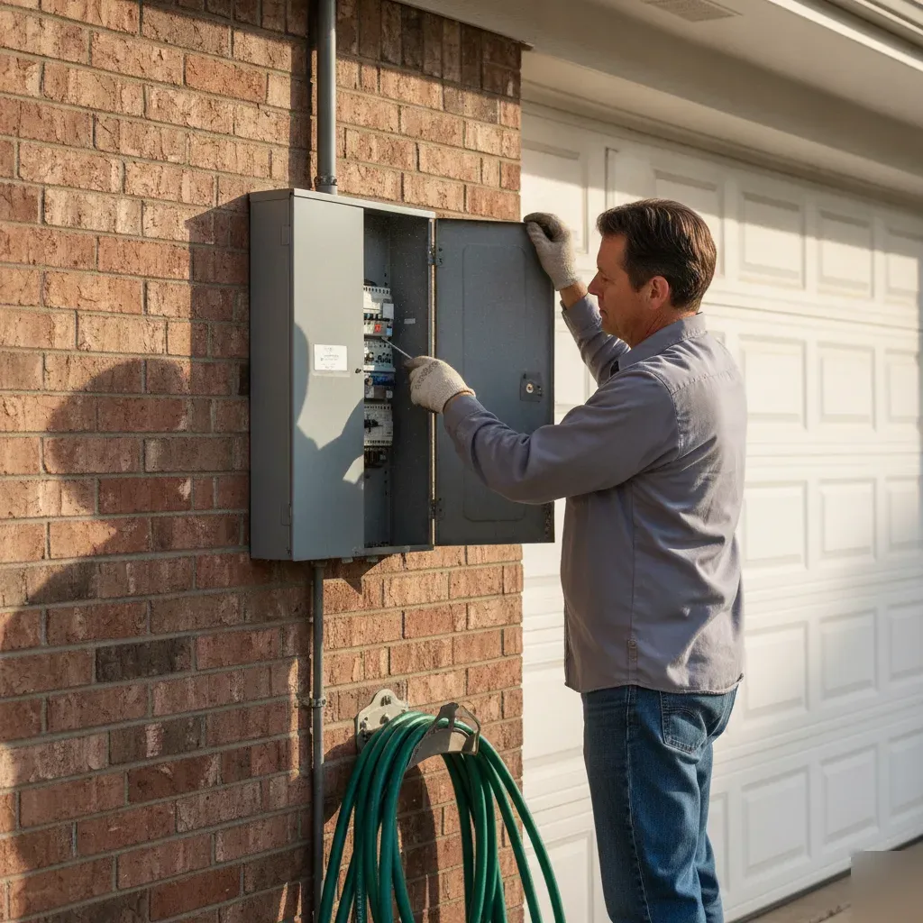 electrical-inspection-panel-check-denton-brick-home Electrician opens home electrical panel during inspection at Denton brick house