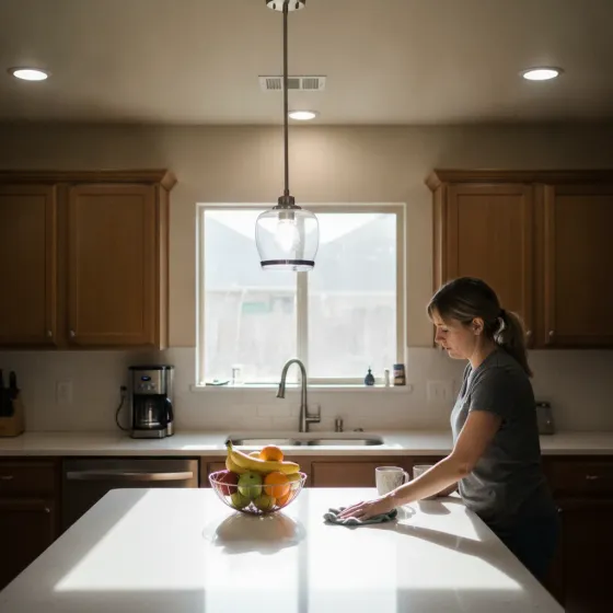 electrical-installation-result-kitchen-lighting-denton Kitchen with newly installed recessed lighting and pendant fixture in Denton home