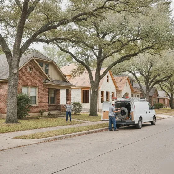 electrical-installation-service-denton-neighborhood Service van and electrician on Denton residential street with brick homes