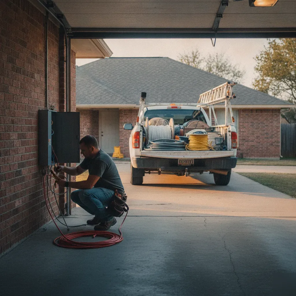 electrical-installation-service-panel-truck-denton Electrician working on home electrical panel with loaded truck in Denton driveway