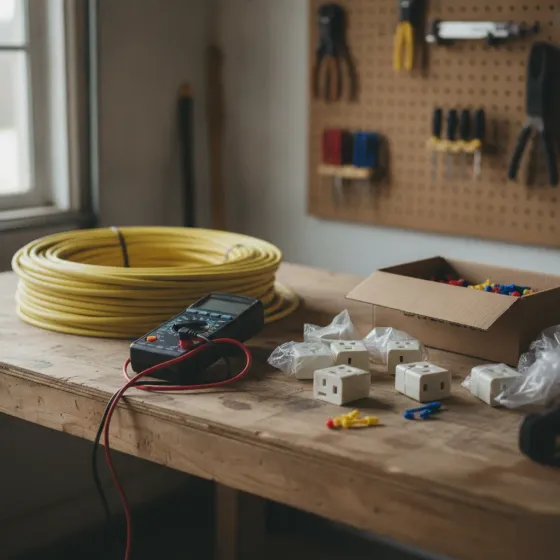 electrical-installation-tools-materials-denton Electrical wire, multimeter, and outlets on workbench for Denton installation service