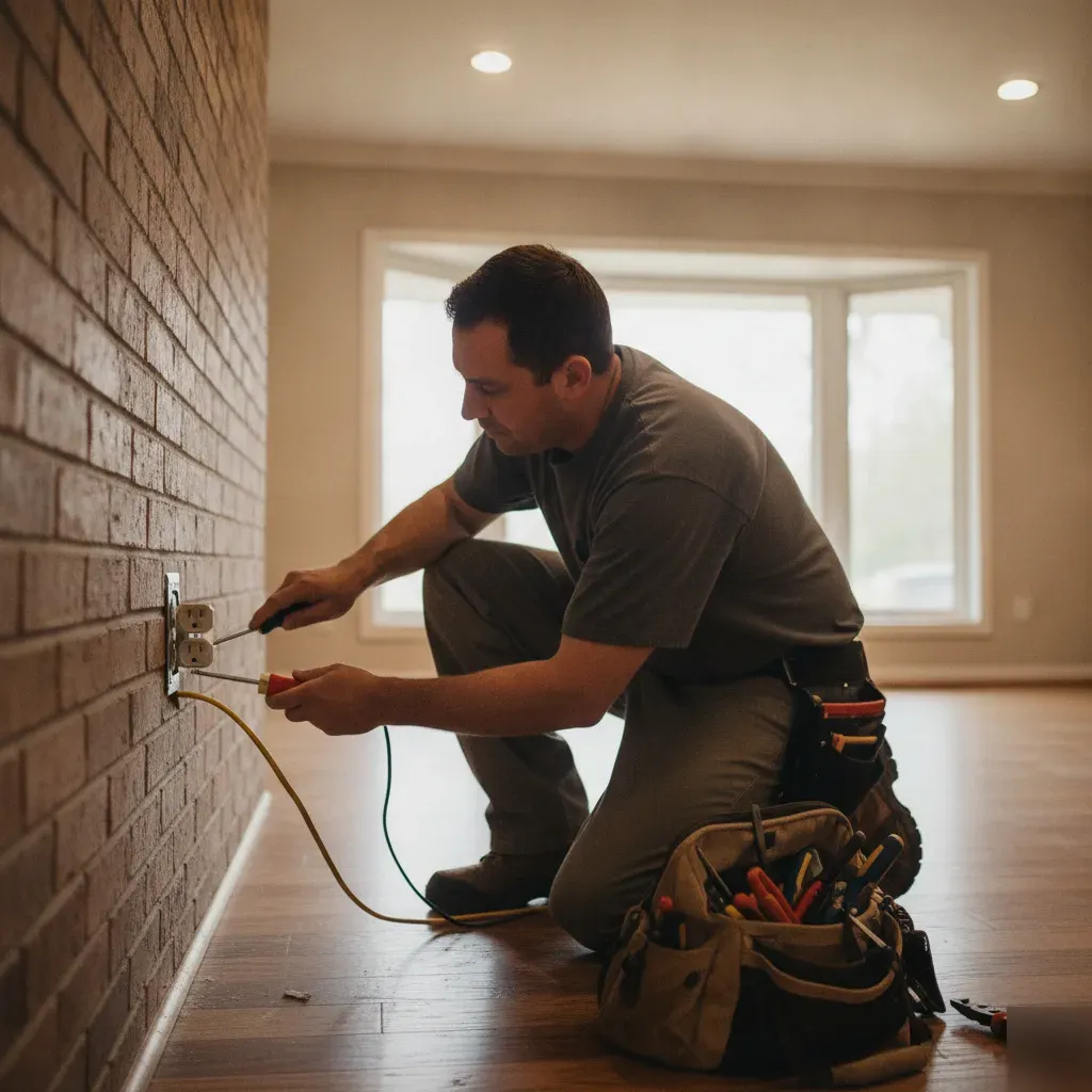 electrical-outlet-installation-living-room-denton Electrician installing new outlet in Denton brick home living room wall