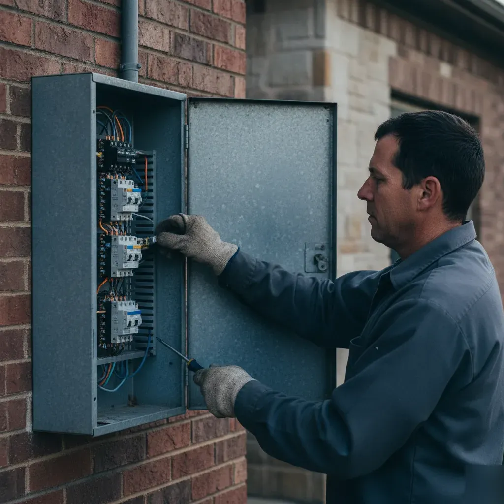 Electrician repairing an open breaker panel on a brick home in Denton