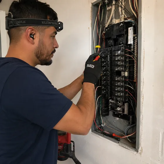 electrical-panel-repair-denton Electrician working inside an open breaker panel with a screwdriver during a panel repair in Denton