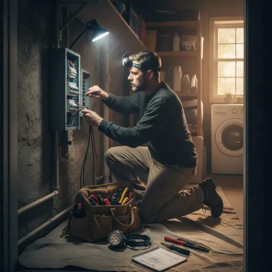 Electrician repairing panel inside utility closet during Denton home service visit