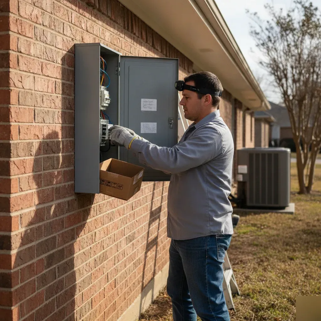Electrician replacing breaker in home electrical panel, Denton panel upgrade service