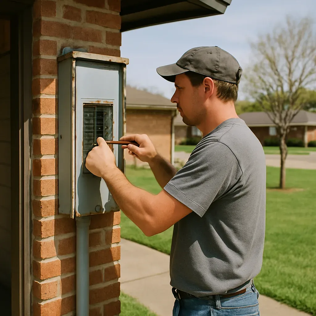 electrical-panel-upgrade-1979-home-joe-skiles-park-denton Electrician upgrading old panel on 1979 brick home near Joe Skiles Park Denton