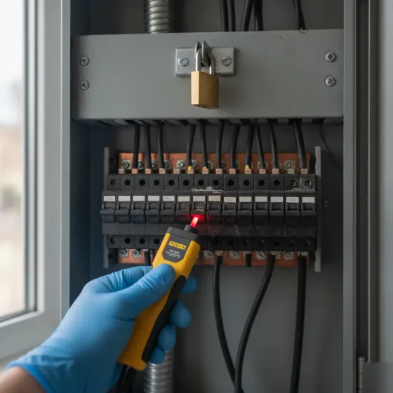 Close-up of scorched breaker inside panel showing electrical repair warning signs
