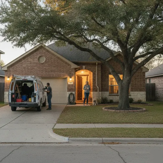 electrical-repair-result-denton-home-exterior Denton homeowner and electrician outside brick home after electrical repair service