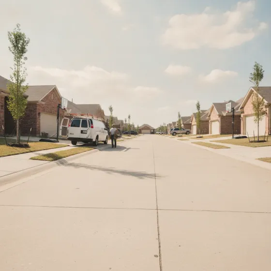 electrical-repair-shop-denton-neighborhood-street Service van and electrician on residential street in Denton subdivision