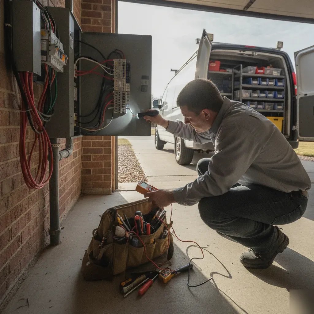 electrical-repair-shop-panel-inspection-denton Electrician inspecting breaker panel in Denton home garage during electrical repair visit