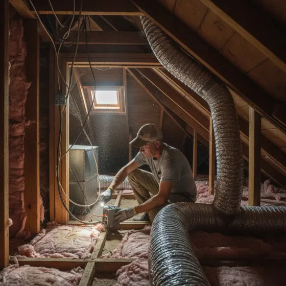 electrical-troubleshooting-attic-wiring-denton Electrician inspecting attic wiring for heat-related stress in Denton home