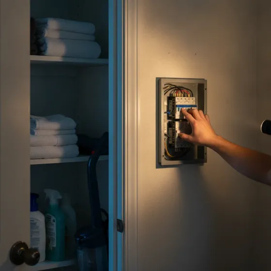 electrical-troubleshooting-breaker-reset-denton Homeowner resetting tripped breaker switch in Denton home hallway closet