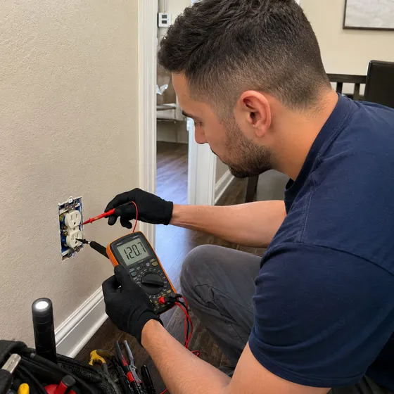 electrical-troubleshooting-denton Electrician testing a wall outlet with a multimeter reading 120.7 volts during electrical troubleshooting in a Denton home