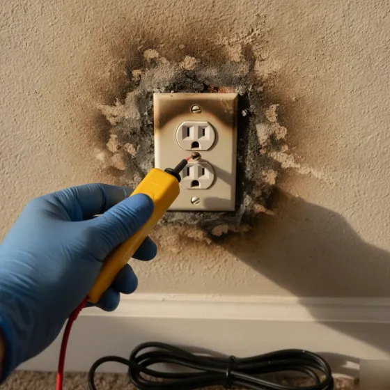 electrical-troubleshooting-outlet-inspection-denton Close-up of discolored outlet during electrical troubleshooting inspection in Denton home