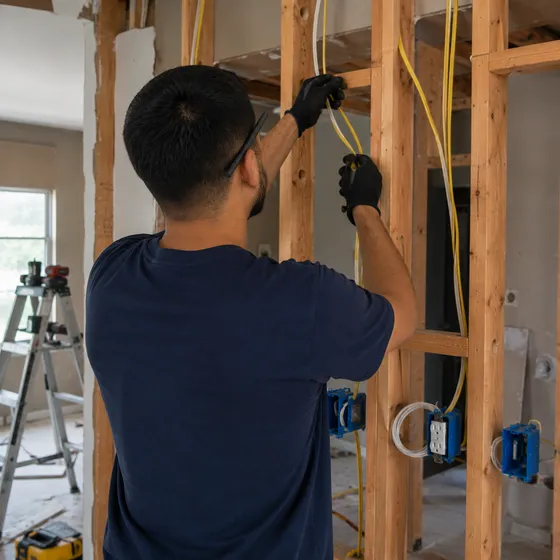 electrical-wiring-installation-denton Electrician running new circuit wiring through wall studs during a Denton remodel