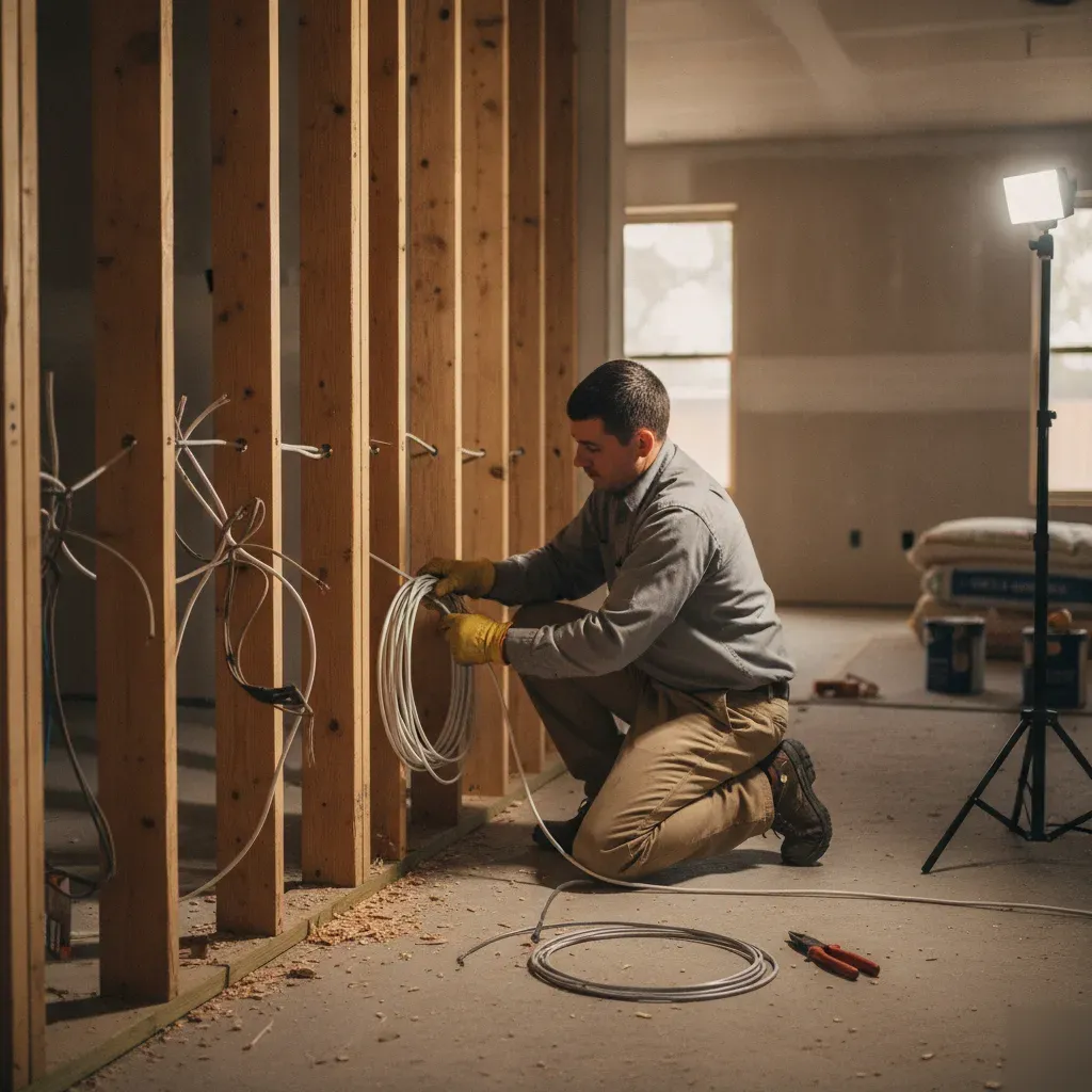 electrical-wiring-installation-open-wall-denton Electrician pulling new wiring through wall studs during installation in Denton home