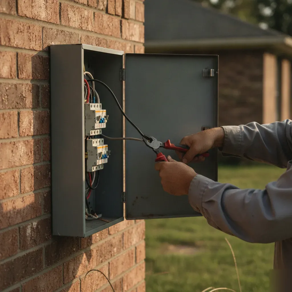 Electrician repairing wiring in home electrical panel in Denton