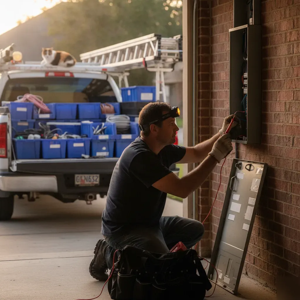 electrician-panel-service-truck-overview-denton Electrician inspecting home panel with loaded service truck in Denton driveway