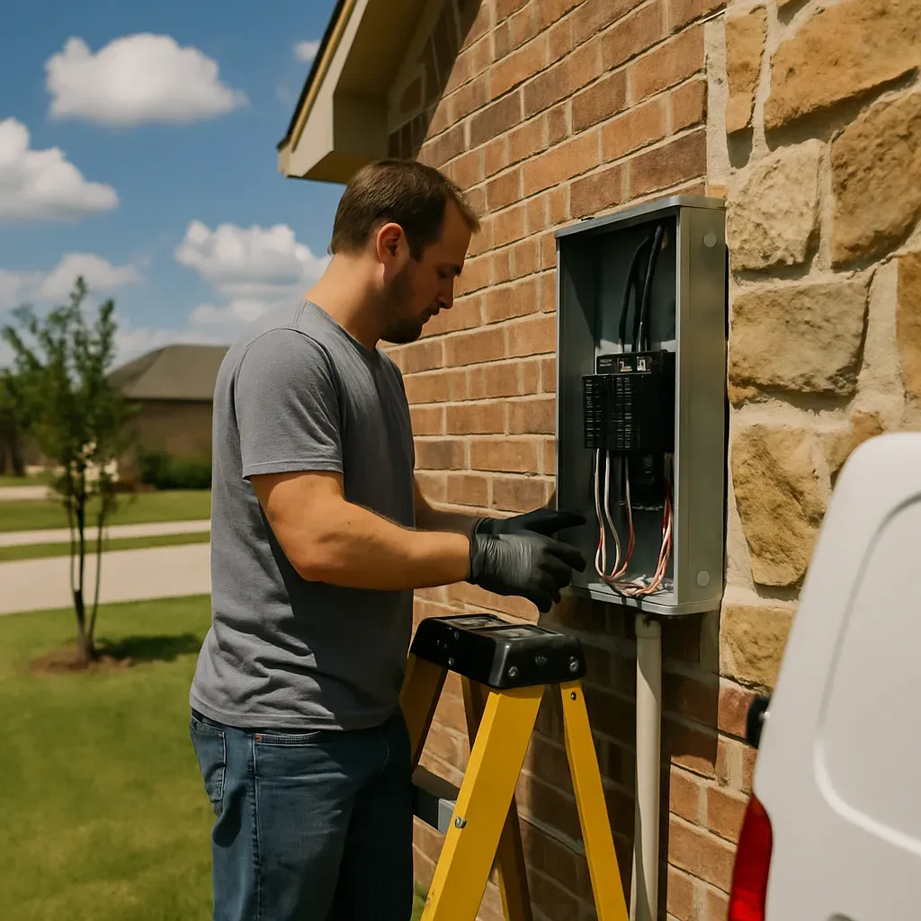 Electrician replacing breaker panel on brick home near Corinth Community Park