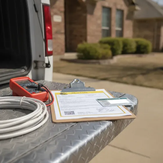Electrician permit paperwork and license on work van tailgate in Denton