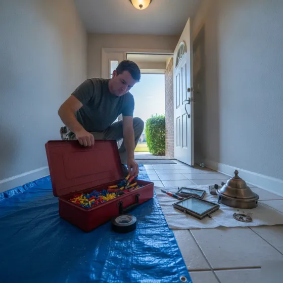Electrician preparing tools for outdoor porch light installation at Denton entryway