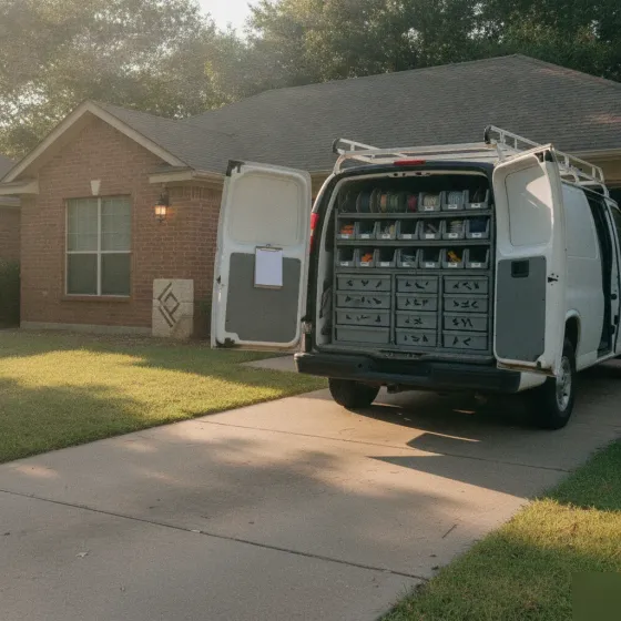 electrician-van-fan-installation-visit-denton Electrician van parked outside Denton home during fan installation visit