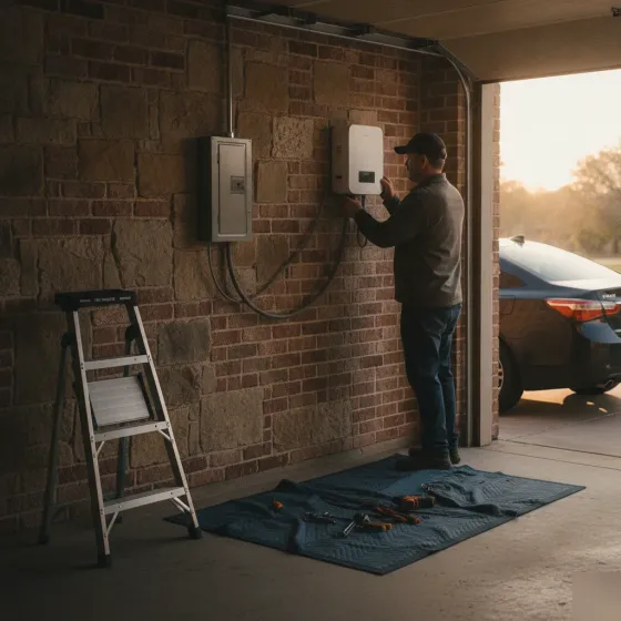 ev-charger-installation-garage-denton Electrician installing EV charger in garage of Denton home