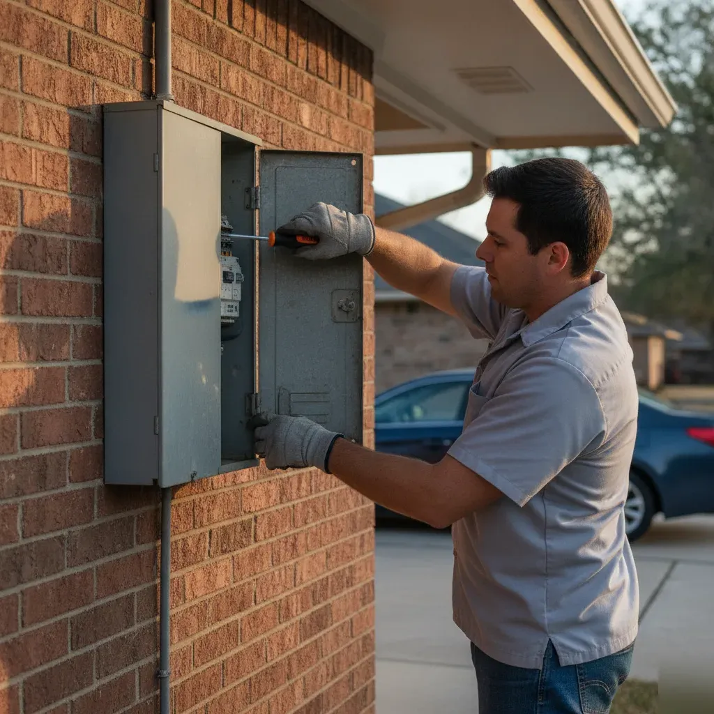 Electrician inspecting home panel for EV charger installation in Denton