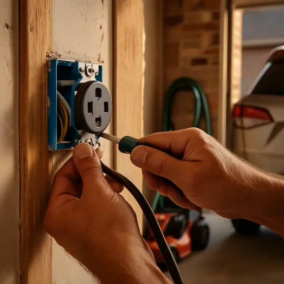Electrician installing EV charger outlet in Corinth home garage