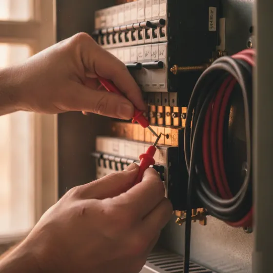 Close-up testing panel amperage for EV charger installation Denton home
