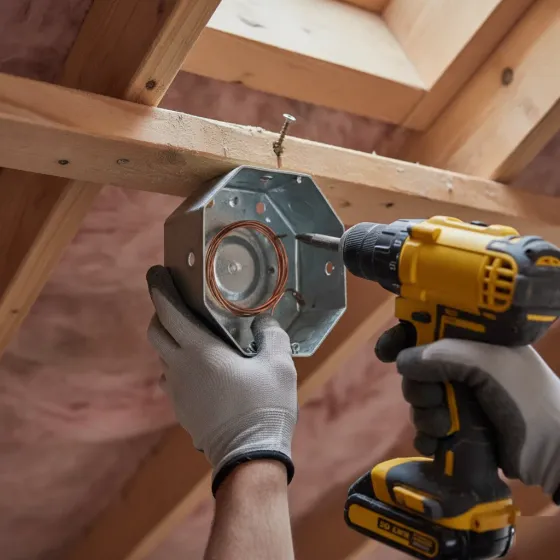 Close-up of fan-rated electrical box being mounted to ceiling joist in Denton