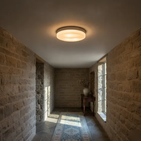 finished-flush-mount-light-hallway-denton Finished flush-mount light fixture installed in Denton home hallway