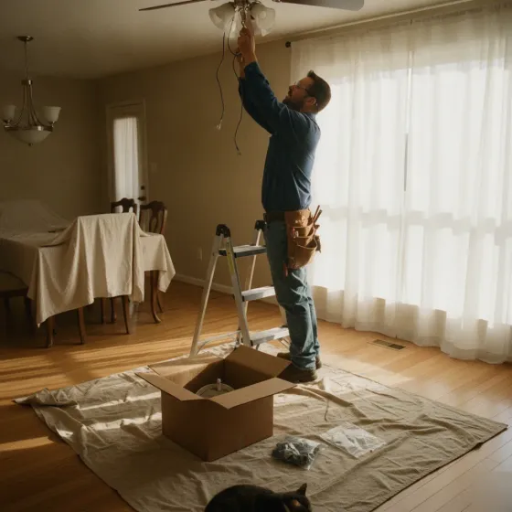 fixture-installation-ceiling-fan-denton Electrician installing ceiling fan fixture in Denton dining room