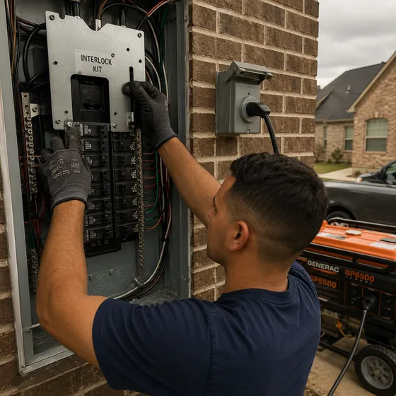 generator-interlock-installation-denton Electrician fitting a generator interlock kit to a residential breaker panel beside a generator inlet box in Denton
