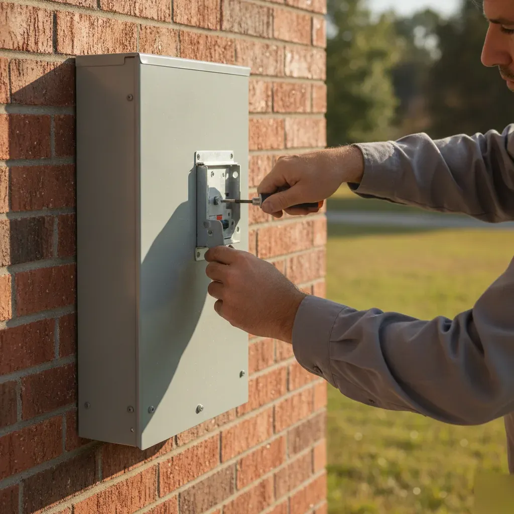 generator-interlock-installation-panel-bracket-denton Electrician installing generator interlock kit on home panel in Denton