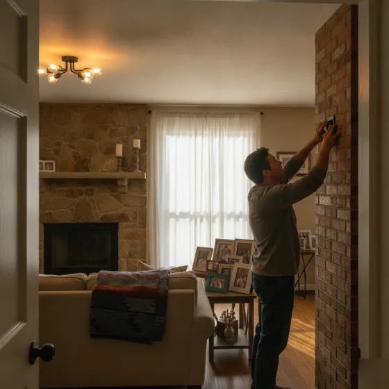 homeowner-testing-new-light-fixture-denton Homeowner turning on new light fixture in Denton living room