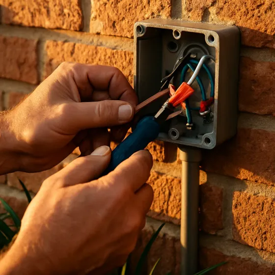 junction-box-wiring-brick-home-joe-skiles-park-denton Electrician wiring junction box on brick home near Joe Skiles Park Denton