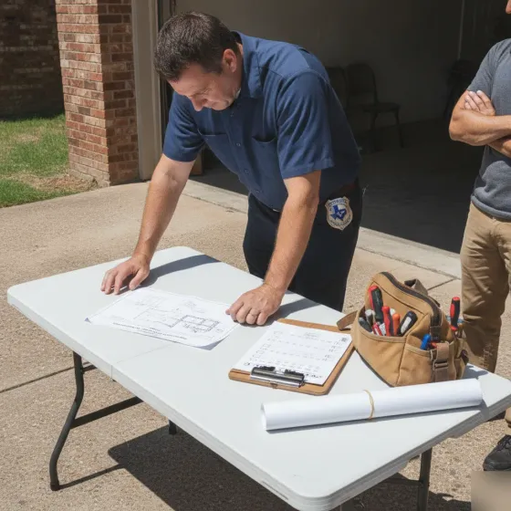 licensed-electrician-permit-review-denton Licensed electrician reviewing permit paperwork with Denton homeowner in driveway